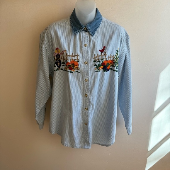 West Port Vintage Striped Button-Up Shirt Embroidered Fall Scarecrow Size M - Picture 7 of 8